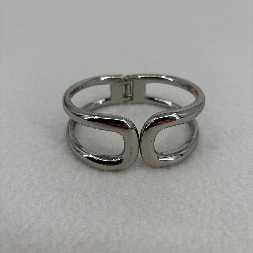 Silver Tone Hinge Cuff Bracelet Minimalist Open Work Double Band Bangle